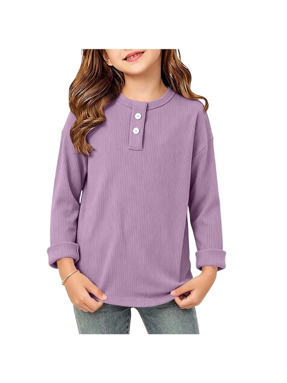 Girls Shirts Ribbed Long Sleeve Shirts Crew Neck Roll Cuff Top Button Front Casual Shirt for Fall Spring School Daily Wear (Purple,7-8 Years)