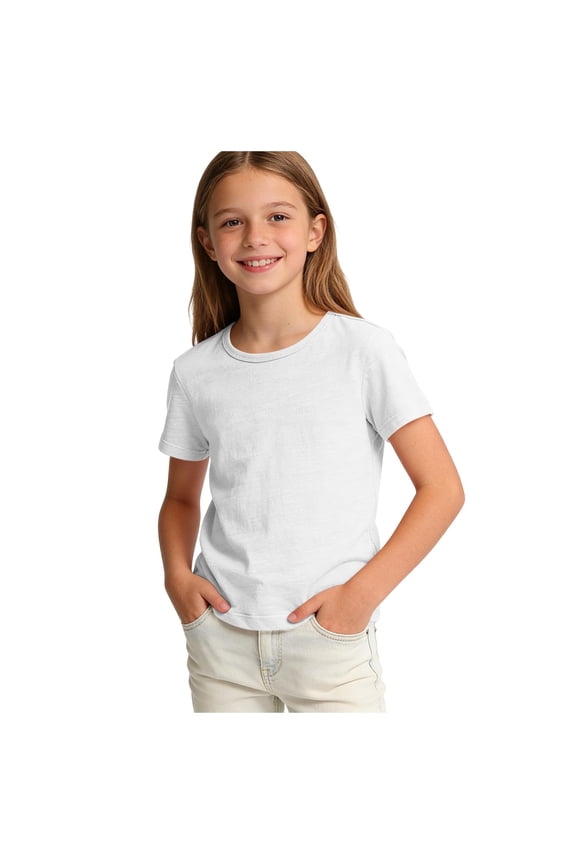 Girls Short Sleeve T Shirts Kids Summer Crewneck Basic Tee Solid Color Casual Cotton Tunic Tops Workout Clothes (White,3-4 Years)