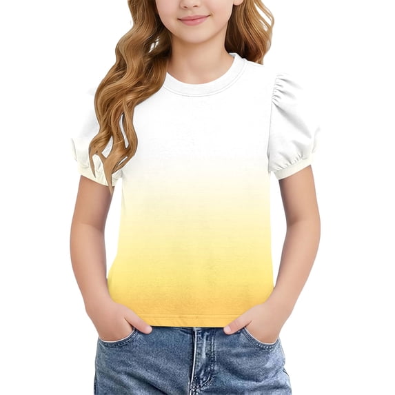 Scyoekwg Girls Short Sleeve Tops Gradient Puff Sleeve T-Shirt Comfy Crew Neck Casual Loose Fit Shirts (Yellow,14-15 Years)