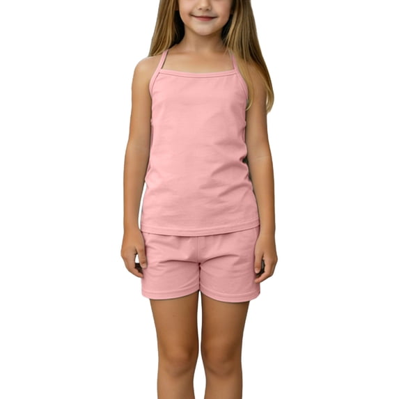 Scyoekwg Girls Summer Clothes 2 Piece Outfits Casual Crew Neck Solid Color Comfy Sleeveless Thin Shoulder Strap Tank Tops Shorts Home Wear Outfits, Watermelon Red, 7-10 Years