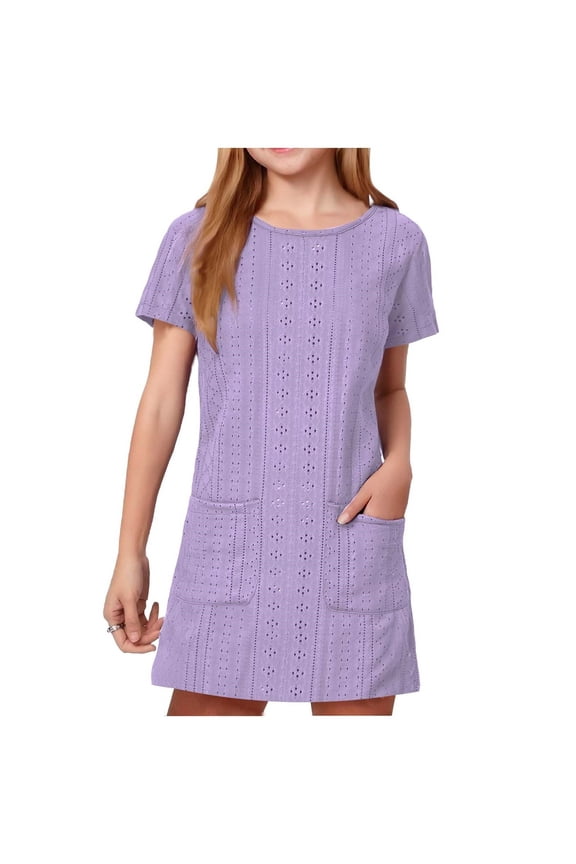 Girls Summer Dress Fashion Eyelet Dress with Pocket Cute Crew Neck Solid Color Short Sleeve Comfy Dresses, Purple, 7-8 Years