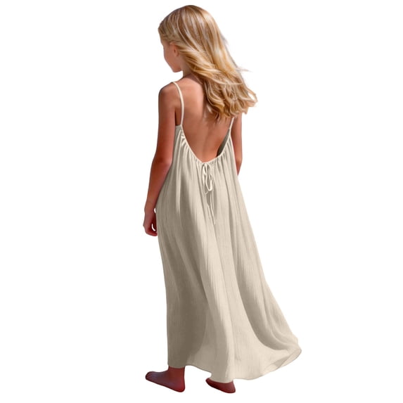Scyoekwg Girls Summer Dress Sleeveless Fashion Crew Neck Solid Color Comfy Back Drawstring Loose Suspender Long Dresses, Beige, 7 Years
