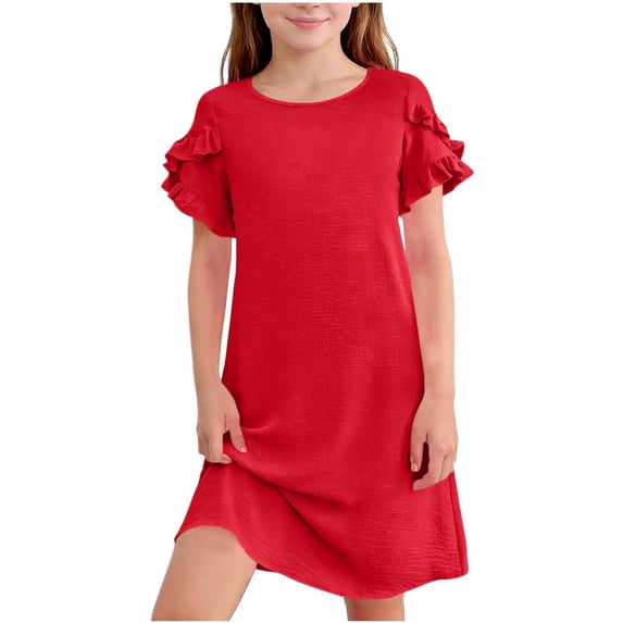 Scyoekwg Girls Summer Dress Solid Color Comfy Short Sleeve Cute Dresses Crew Neck Ruffle Sleeve Shirts Dresses, Red, 9-10 Years