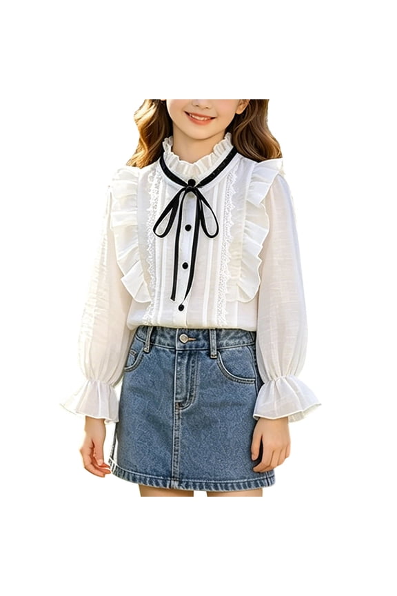 Girls Tie Neck Ruffle Collar Blouse Long Sleeve Lantern Sleeve Button Front Cute Top for Spring Fall School Daily (White,13-14 Years)