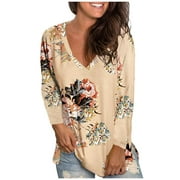 Scyoekwg Going Out Tops Long Sleeve Tops for Womens Striped Printed Casual Loose Fit Blouses Lightweight Soft V Neck Tunic Tops Pullover Ladies Tops Fall Tops Yellow M