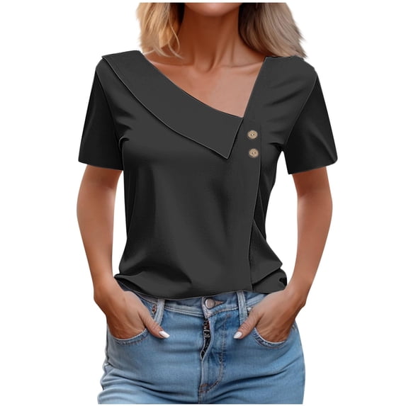 Scyoekwg Going Out Tops for Women Skew Collar Button Short Sleeve T Shirts Ladies Tops Trendy Solid Color Summer Loose Casual Tshirt (Black,L)