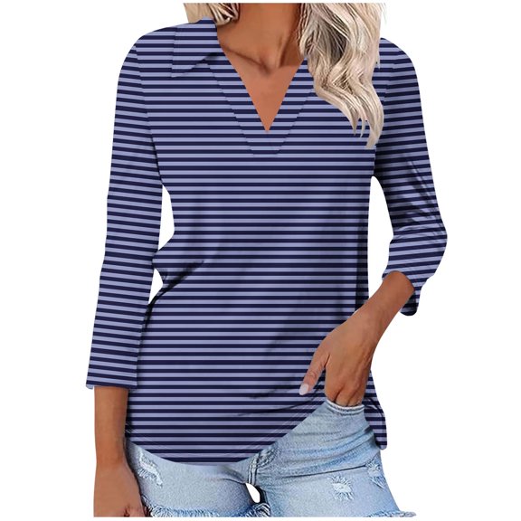 Scyoekwg Going Out Tops for Women 3/4 Sleeve V-Neck Lapel Three-quarter Sleeve Tshirt Fall Clothes Striped Printed Graphic Tops Dressy Casual Blouses Fashion Loose Tops(Navy,L)