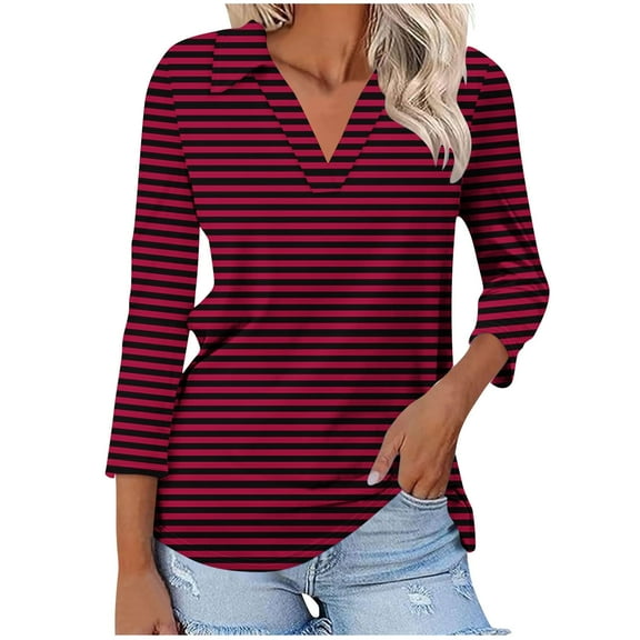 Scyoekwg Going Out Tops for Women 3/4 Sleeve V-Neck Lapel Three-quarter Sleeve Tshirt Fall Clothes Striped Printed Graphic Tops Dressy Casual Blouses Fashion Loose Tops(Wine,L)