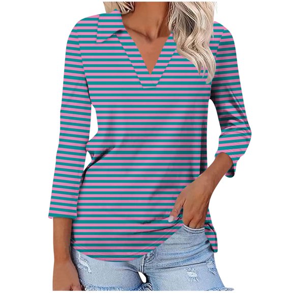 Scyoekwg Going Out Tops for Women 3/4 Sleeve V-Neck Lapel Three-quarter Sleeve Tshirt Fall Clothes Striped Printed Graphic Tops Dressy Casual Blouses Fashion Loose Tops(Purple,L)