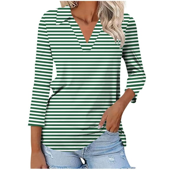 Scyoekwg Going Out Tops for Women 3/4 Sleeve V-Neck Lapel Three-quarter Sleeve Tshirt Fall Clothes Striped Printed Graphic Tops Dressy Casual Blouses Fashion Loose Tops(Green,L)