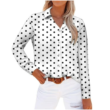 Scyoekwg Going Out Tops for Women Lapel Button Up Shirt Loose Fall Clothes Polka Dots Graphic Tops Fashion Long Sleeve Tops Dressy Casual Blouses Vintage Pullover(White,XL)