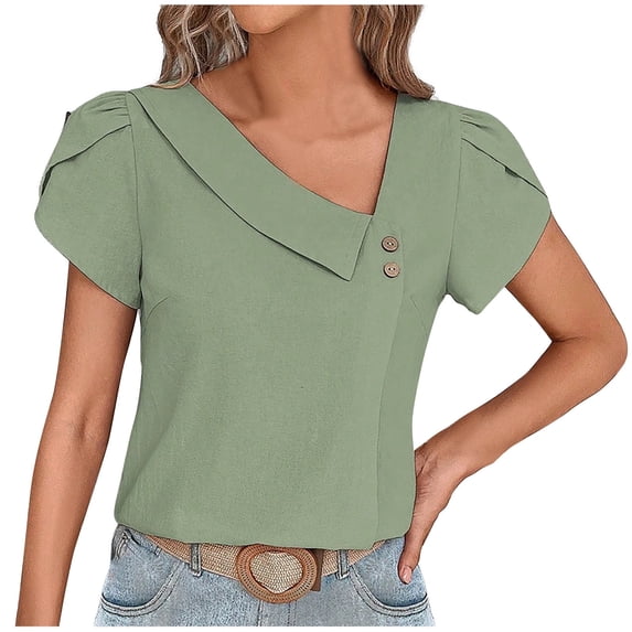 Scyoekwg Going Out Tops for Women Skew Collar Button Petals Sleeve Elegant Shirts Ladies Tops Summer Loose Blouses Solid Color Trendy Short Sleeve T Shirts Casual Tshirt (Green,XXL)