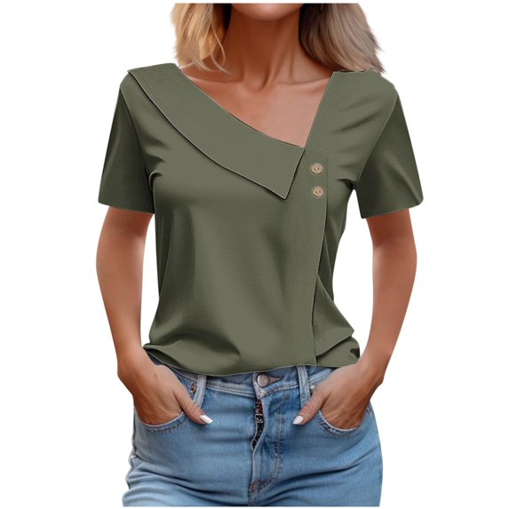 Scyoekwg Going Out Tops for Women Skew Collar Button Short Sleeve T Shirts Ladies Tops Trendy Solid Color Summer Loose Casual Tshirt (Army Green,XXXL)