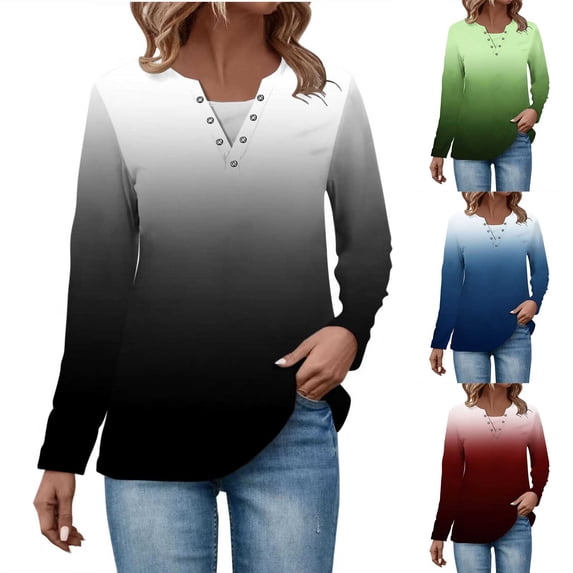 Scyoekwg Gradient Color Long Sleeve Shirts for Women Casual V Neck Ring Hole Dressy Blouses Comfy Lightweight Slim Basic Tops (Black,L)