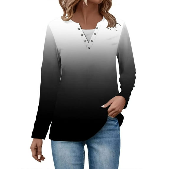 Scyoekwg Gradient Color Long Sleeve Shirts for Women Casual V Neck Ring Hole Dressy Blouses Comfy Lightweight Slim Basic Tops (Black,XL)