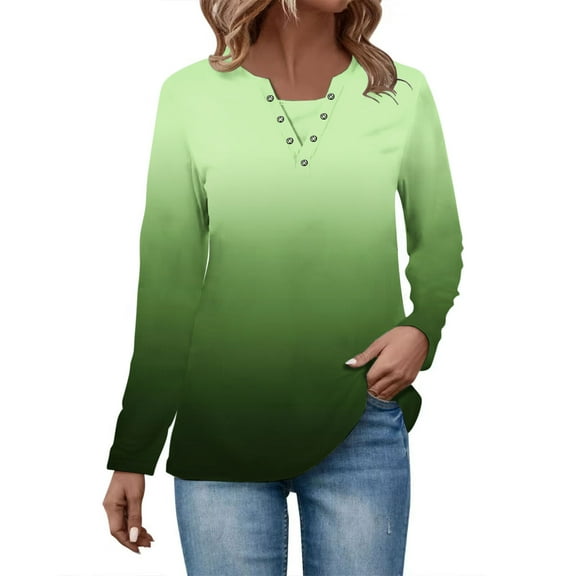 Scyoekwg Gradient Color Long Sleeve Shirts for Women Casual V Neck Ring Hole Dressy Blouses Comfy Lightweight Slim Basic Tops (Green,S)
