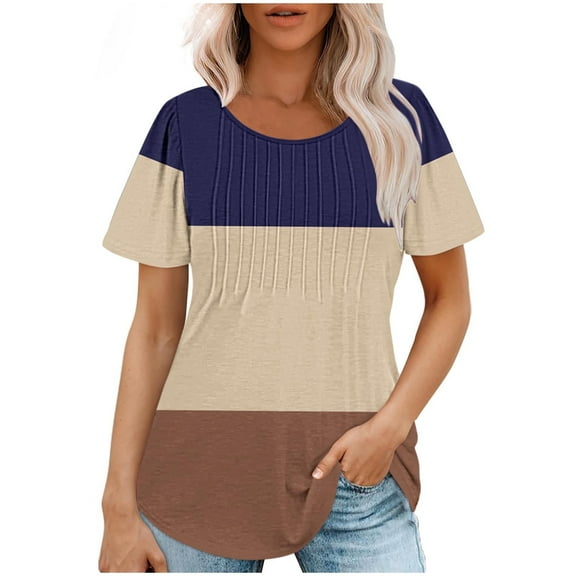 Scyoekwg Graphic T Shirts For Women Trendy Round Neck Pleated Tunic Shirts Color Block Patchwork Comfy Short Sleeve T Shirts Casual Loose Lightweight Summer Blouses (Navy,L)