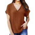 thumbnail image 1 of Scyoekwg Graphic Tees for Women Summer Trendy Classic Solid Color Casual Short Sleeve Tshirt Plus Size V-Neck Button Roll Up Sleeve Loose Comfy Blouse Going Out Tops T Shirt (Coffee,XXL), 1 of 6