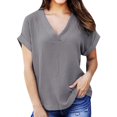 thumbnail image 1 of Scyoekwg Graphic Tees for Women Summer Trendy Classic Solid Color Casual Short Sleeve Tshirt Plus Size V-Neck Button Roll Up Sleeve Loose Comfy Blouse Going Out Tops T Shirt (Gray,XL), 1 of 1