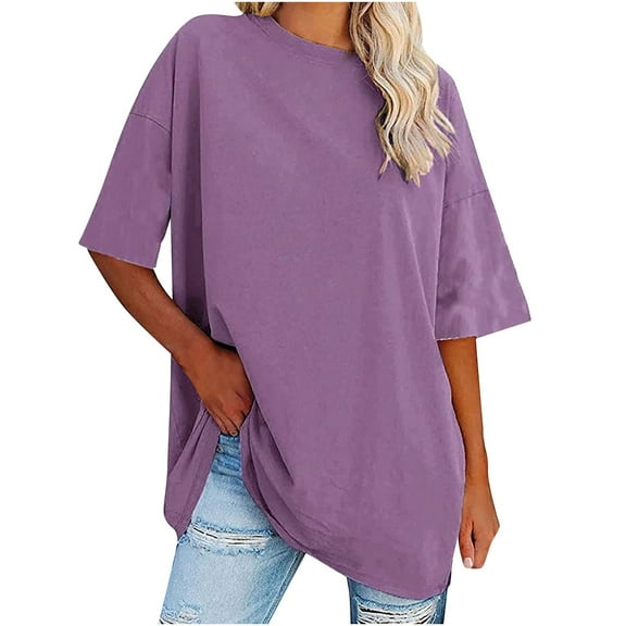Scyoekwg Graphic Tees for Women Summer Trendy Loose Comfy Blouse Tshirt Crewneck Basic Tops Going Out Tops Classic Solid Color Short Sleeve Casual Cute Tops (Purple,L)