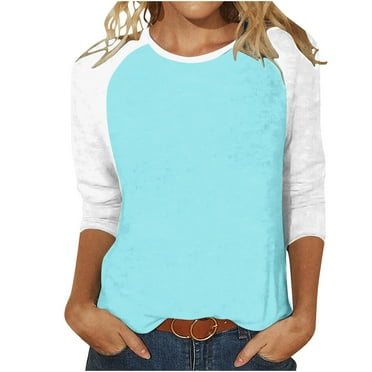 Scyoekwg Graphic Tees for Women Vintage Cewneck Three Quarter Length Sleeve Blouse Loose Lightweight Color Block Patchwork Graphic Tee Casual Fall Clothes 3/4 Sleeve Tops Pullover