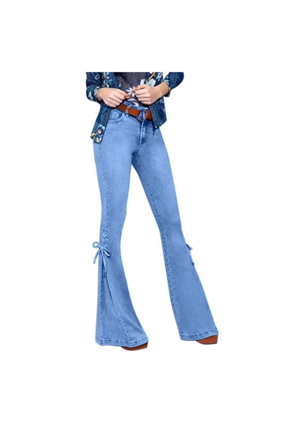 High Waisted Jeans for Women Fashion Elegant Comfy Slim Lace-Up Flared Pants Tight Stretch Cow Jeans Pants with Pocket Light blue L