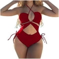 thumbnail image 1 of Scyoekwg High Waisted Swimsuits for Women Solid Summer Bikini One-Piece Beach Swimsuits Halter Split Three-piece High Waist Beachwear Set Red XL, 1 of 8