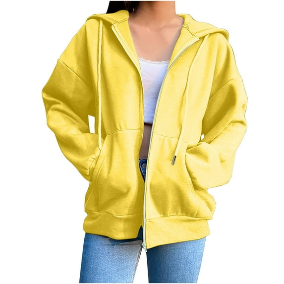 Scyoekwg Hoodies Coats for Women Zipper Drawstring Hooded Sweatshirt Jackets Loose Casual Long Sleeve Solid Color Coats (Yellow,M)