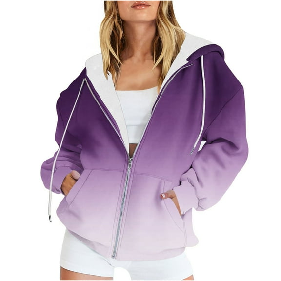 Scyoekwg Hoodies Jackets for Women Zipper Drawstring Hooded Sweatshirt Jackets Fashion Casual Long Sleeve Gradient Color Loose Coats (Purple,XL)