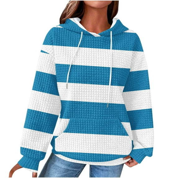 Scyoekwg Hoodies for Women Drawstring Hooded Sweatshirts with Pocket Striped Tops for Women Trendy Loose Long Sleeve Dressy Casual Blouse Pullover (Light Blue,M)