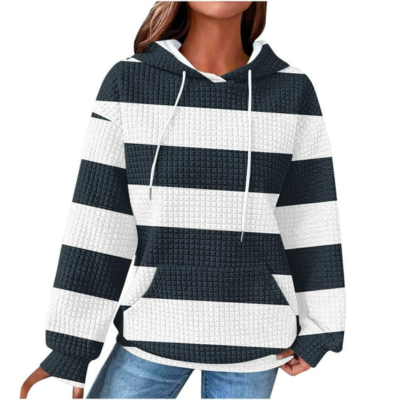 Scyoekwg Hoodies for Women Drawstring Hooded Sweatshirts with Pocket Striped Tops for Women Trendy Loose Long Sleeve Dressy Casual Blouse Pullover (Navy,L)