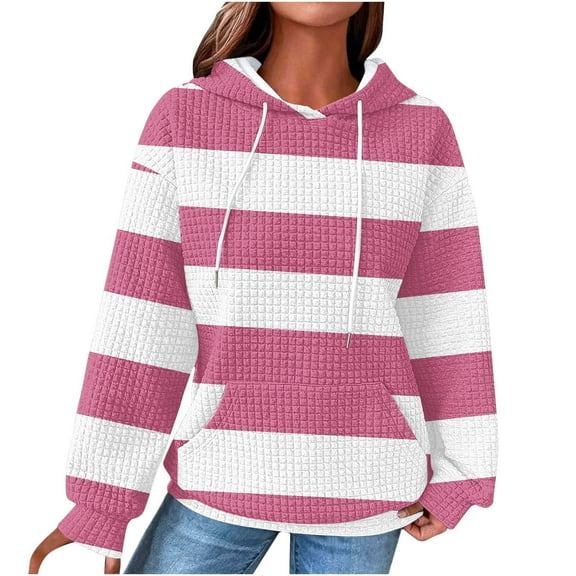 Scyoekwg Hoodies for Women Drawstring Hooded Sweatshirts with Pocket Striped Tops for Women Trendy Loose Long Sleeve Dressy Casual Blouse Pullover (Pink,XXL)