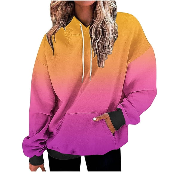 Scyoekwg Hoodies for Women Drop Shoulder Drawstring Hooded Sweatshirts with Pocket Loose Tops for Women Trendy Gradient Color Long Sleeve Dressy Casual Blouse Pullover (Hot Pink,L)