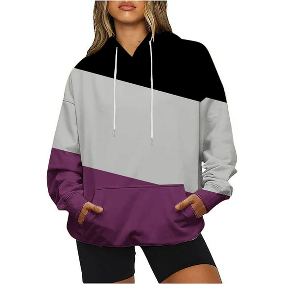 Scyoekwg Hoodies for Women Trendy Drawstring Hoodie with Pocket Color Block Patchwork Fall Sweatshirt Loose Long Sleeve Casual Pullover Girls Sweatshirt(Purple,XXXL)