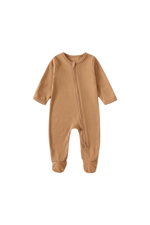 Infants Footless Rompers Long Sleeve Zipper Sleeper Rompers Cotton Comfy Solid Color Jumpsuit Coffee,3 Months