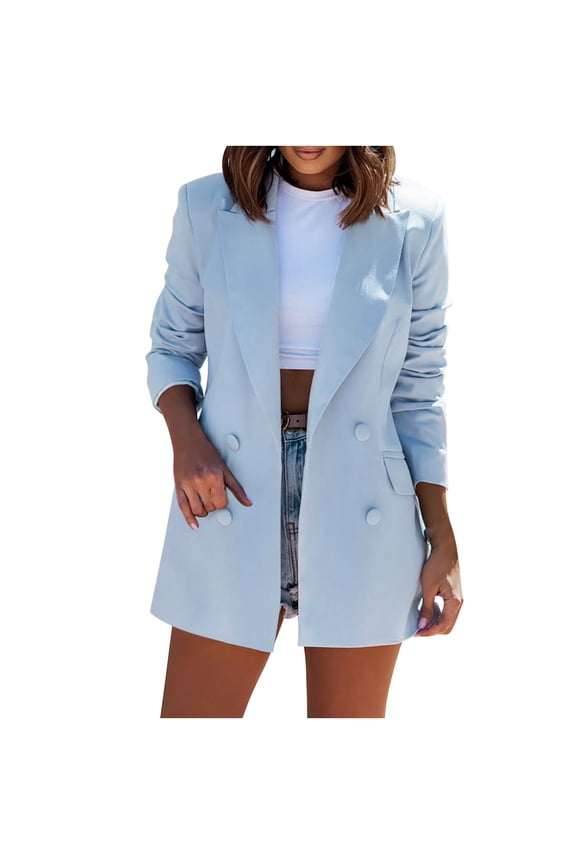 Womens Coats Blazer Trendy Solid Color Jacket Coat Casual Loose Long Sleeve Open Front Button Business Office Work Blazer (Sky Blue,M)