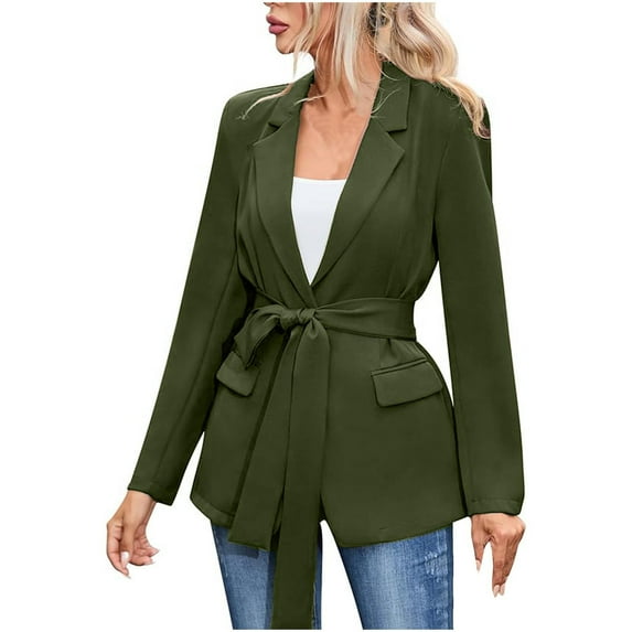 Scyoekwg Jackets for Women Button Bandage Jacket Outwear Pocket Casual Solid Color Fashion Long Sleeve Comfy Coats (Green,L)