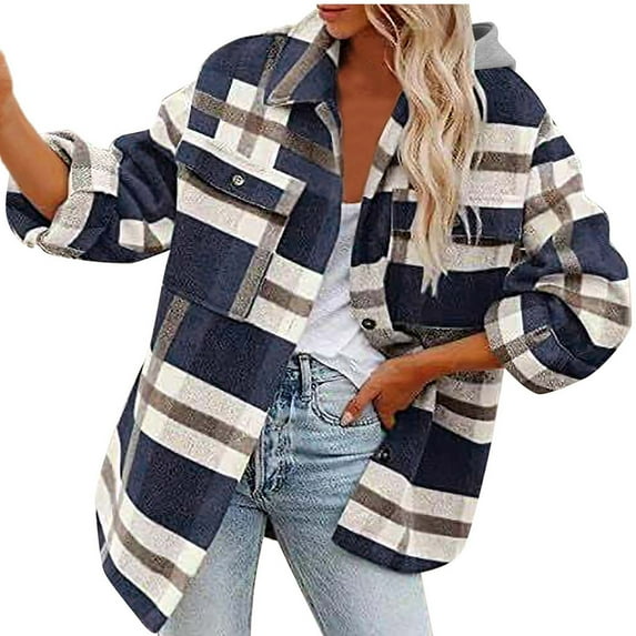 Scyoekwg Jackets for Women Button Long Woolen Coat Long Sleeve Tops Plaid Print Casual Loose Fall Winter Warm Coats Outerwear #B=Navy S(4)