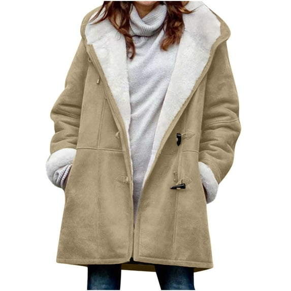 Scyoekwg Jackets for Women Warm Faux Coats Winter Button Fleece Jackets Casual Long Sleeve Solid Color Fashion Loose Outerwear (Khaki,XXL)