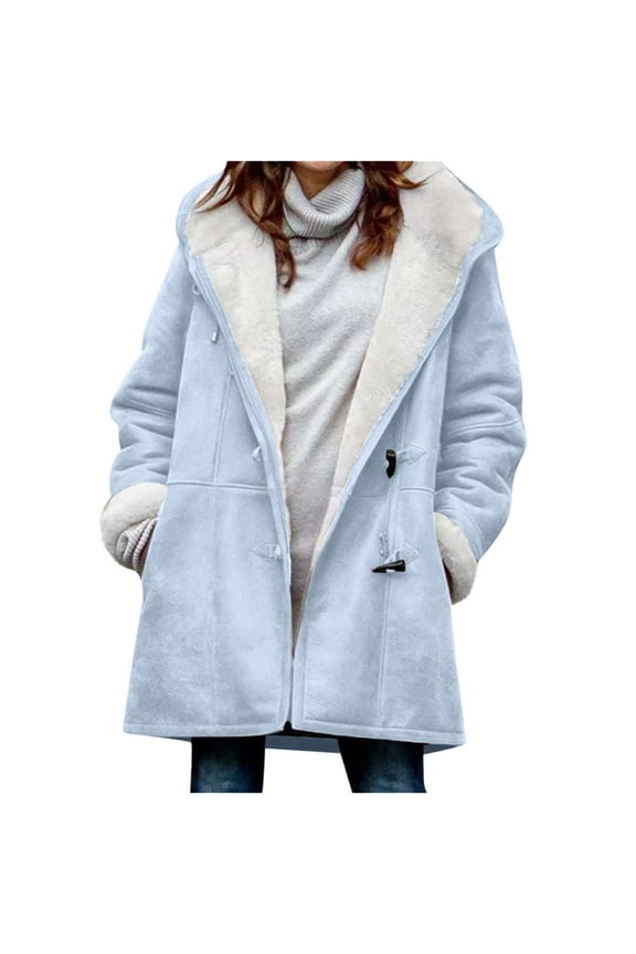 Jackets for Women Warm Faux Coats Winter Button Fleece Jackets Casual Long Sleeve Solid Color Fashion Loose Outerwear (Light Blue,XXXL)