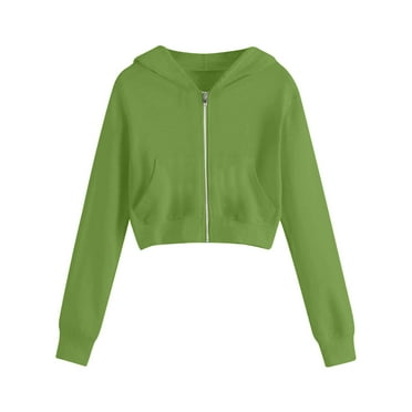 Scyoekwg Jackets for Women Zipper Drawstring Hooded Short Sweatshirt Jackets Loose Solid Color Fashion Casual Long Sleeve Hooded Coats (Green,XXL)