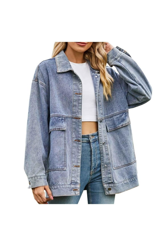 Jean Jacket for Women Trendy 2025 Solid Color Loose Casual Button Turndown Collar Denim Coats Fall Coats Long Sleeve Lightweight Outerwear(Blue,M)