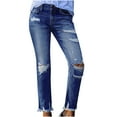 thumbnail image 1 of Scyoekwg Jeans for Women Fashion Casual Button Mid Waist Skinny Ripped Jeans Trousers Hole Denim Pants with Pockets Dark Blue L, 1 of 8