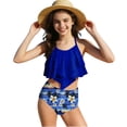 thumbnail image 1 of Scyoekwg Kids Bathing Suits for Girls Vacation Beach Bikini Slim Fashion Print Everyday Ruffle Bikini Tops Swimming Trunks Set Blue, 11-12 Years, 1 of 7