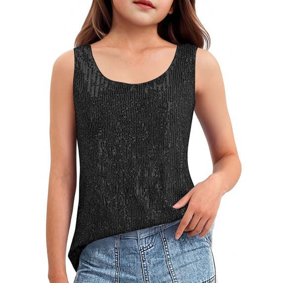 Scyoekwg Kids Tank Tops for Girls Sequin Sleeveless Tank Top Round Neck Sparkly Glitter Top Casual Birthday Party Shirts (Black,14-15 Years)