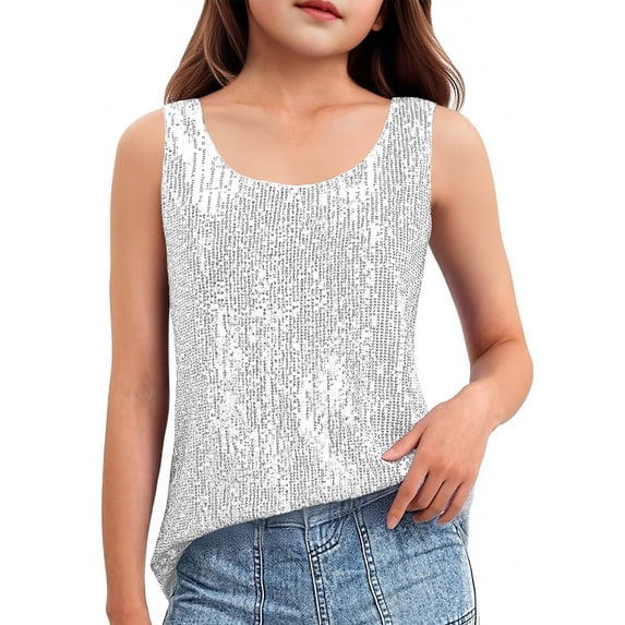 Scyoekwg Kids Tank Tops for Girls Sequin Sleeveless Tank Top Round Neck Sparkly Glitter Top Casual Birthday Party Shirts (White,14-15 Years)