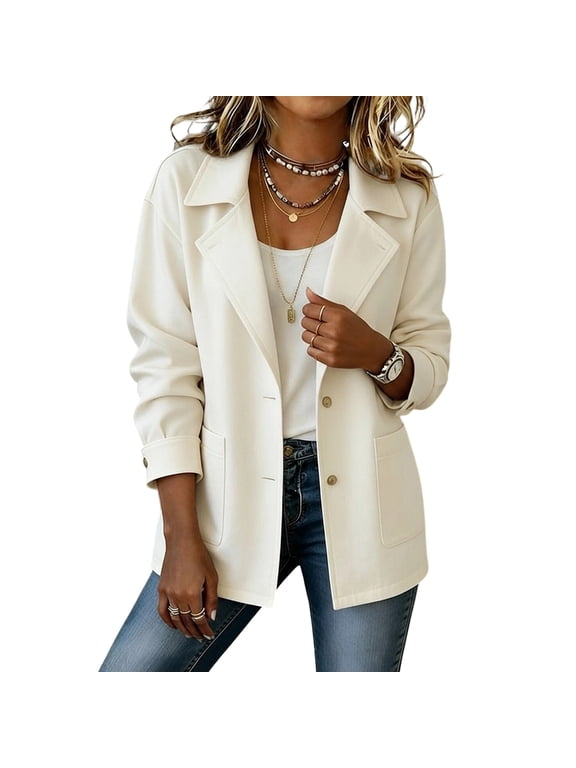 Ladies Lapel Button Blazer Jacket with Pocket Long Sleeve Loose Fit Suit Coat, Solid Color Versatile Commuter Outerwear with Adjustable Cuff Button (White,XXL)
