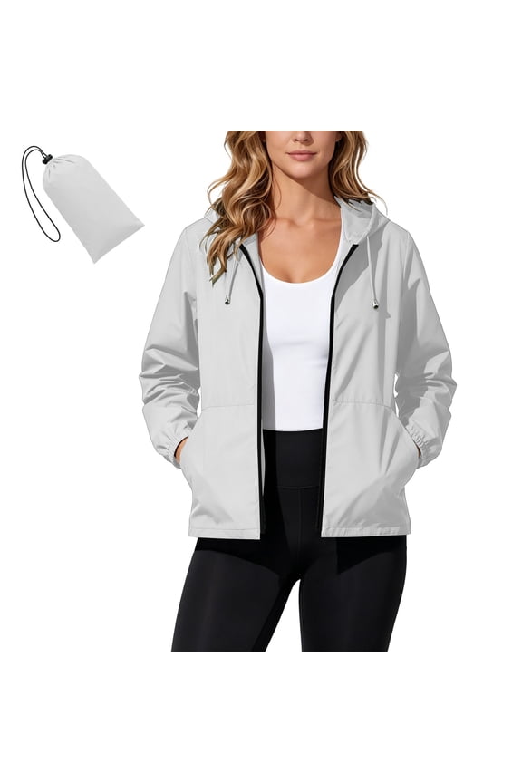 Ladies Open Hem Hooded Windproof Outer Jacket, Drawstring Neck Windbreaker with Slant Hand Pockets, Packable Water Casual Rain Coat for Outdoor (Gray,XXL)
