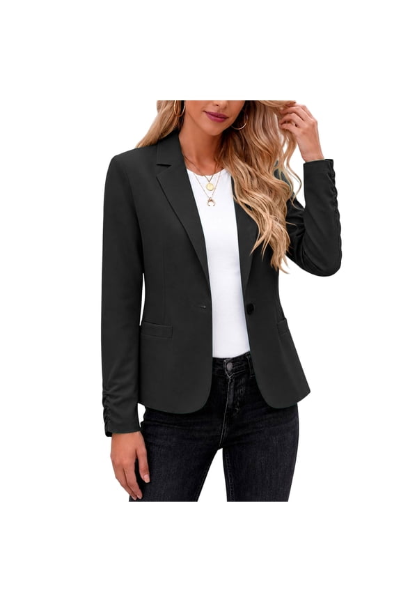 Ladies Ruched Cuff Slim Fit Blazer Jacket, Single Button Lapel Work Suit Coat with Front Patch Pockets, Business Casual Outerwear for Everyday Wear (Black,XXL)