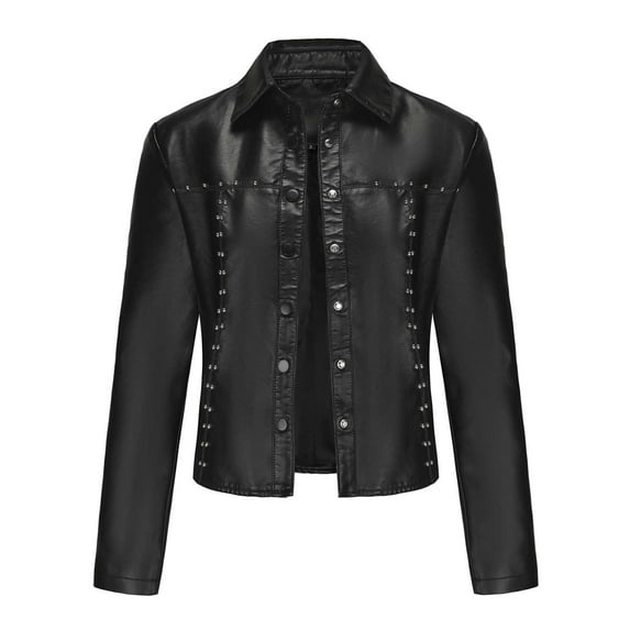 Scyoekwg Leather Jacket Women Moto Biker Coat Vintage Long Sleeve Fall Coats Trendy Casual Solid Color Button Lapel Short Leather Coats Coats(Black,XXXL)